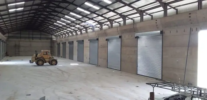 Row of warehouse roller shutter doors